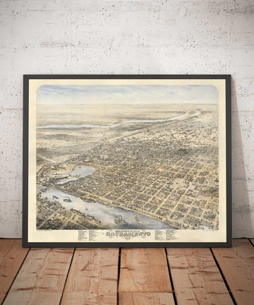 Antica mappa Birds Eye di Sacramento di Augustus Koch, 1870 - Centro, Midtown, Capitale della California 