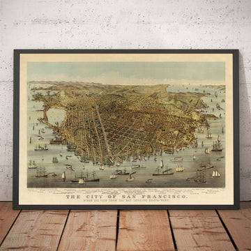 Vieux oiseaux Carte des yeux de San Francisco en 1878 - Baie de la baie, Golden Gate, Gold Rush, Mission Bay, North Beach