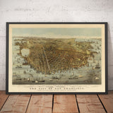Mappa antica di Birds Eye di San Francisco nel 1878 - Bay Area, Golden Gate, Corsa all'oro, Mission Bay, North Beach 