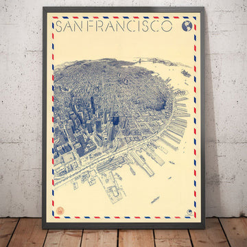 Vecchia mappa Birds Eye di San Francisco nel 1982 - Grattacieli, Bay Area, Ponte Golden Gate, Distretto Finanziario, Nob Hill 