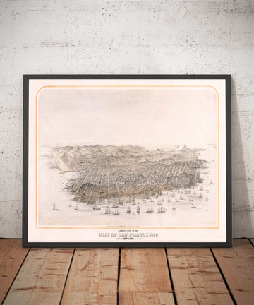 Alte Birds Eye Karte von San Francisco im Jahr 1868 - Bay Area, Golden Gate, Goldrausch, Nob Hill, North Beach 