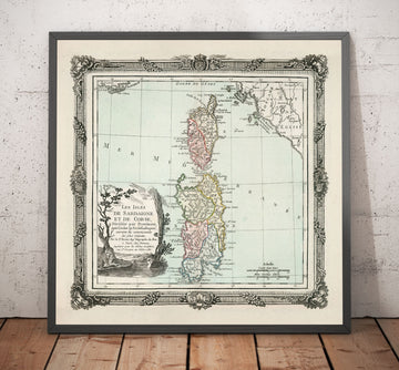 Mappa antica della Sardegna e della Corsica del 1786 di Louis Charles Desnos - Sassari, Cagliari, Porto-Vecchio, Bastia, Oristano 