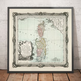 Antiguo mapa de Cerdeña y Córcega en 1786 por Louis Charles Desnos - Sassari, Cagliari, Porto-Vecchio, Bastia, Oristano