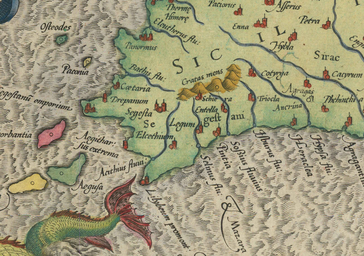 Mapa antiguo de Cerdeña y Sicilia en 1584 por Gerard Mercator - Italia, Cagliari, Catania, Palermo, Sassari