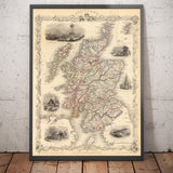 Alte Karte von Schottland im Jahr 1851 von J. Tallis - Vintage Wandkunst, Antike Karte der schottischen Grafschaften 