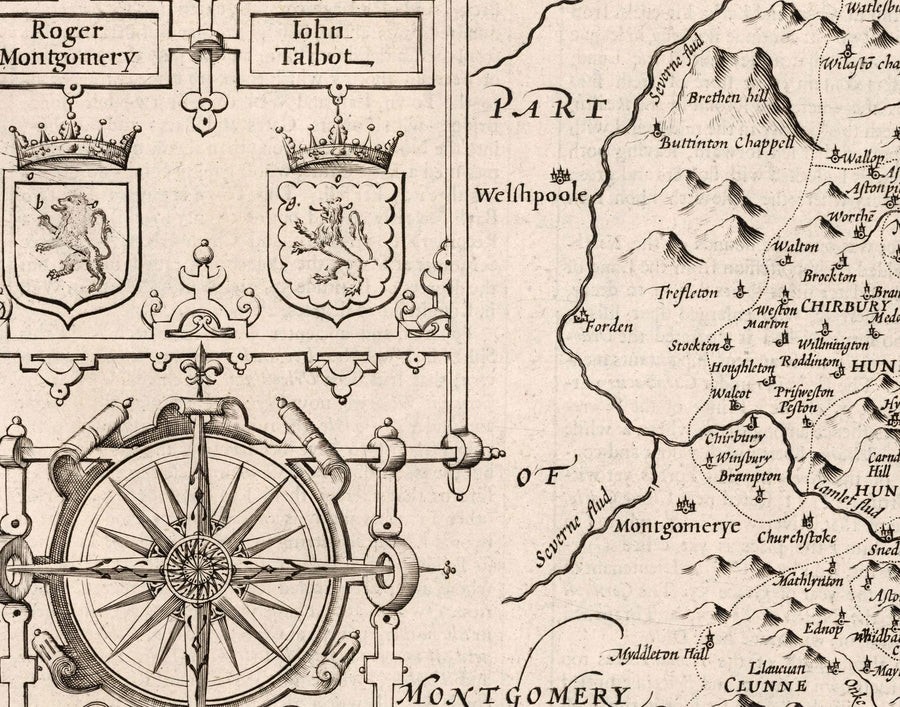 Old Map of Shropshire in 1611 by John Speed - Shrewsbury, Telford, Bridgnorth, Oswestry, Newport, Ludlow