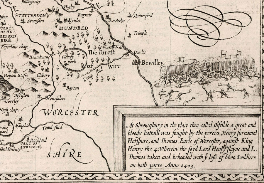 Old Map of Shropshire in 1611 by John Speed - Shrewsbury, Telford, Bridgnorth, Oswestry, Newport, Ludlow