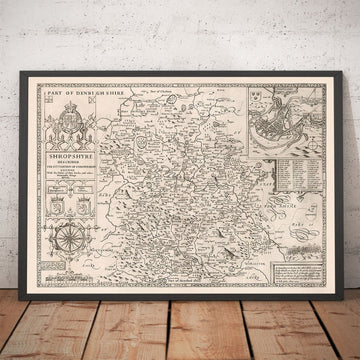 Mappa antica dello Shropshire nel 1611 di John Speed - Shrewsbury, Telford, Bridgnorth, Oswestry, Newport, Ludlow 