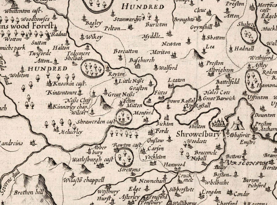 Old Map of Shropshire in 1611 by John Speed - Shrewsbury, Telford, Bridgnorth, Oswestry, Newport, Ludlow