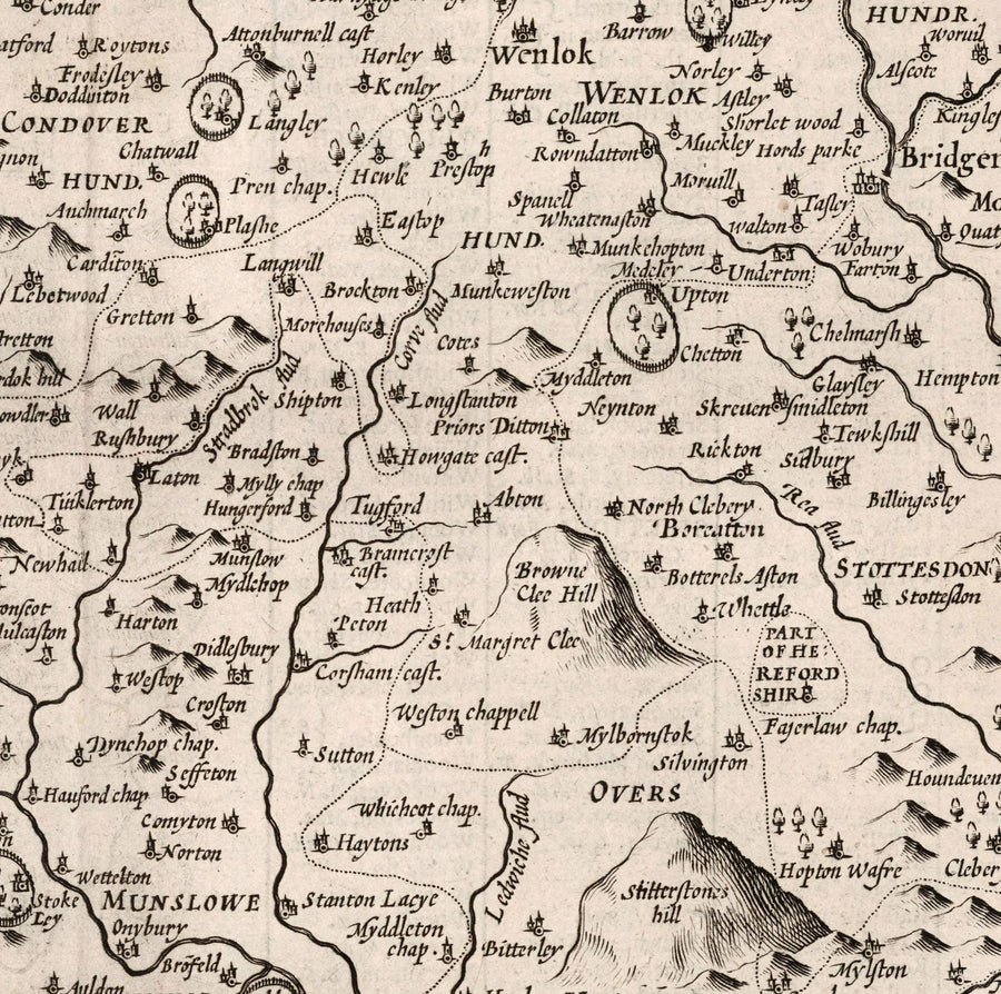 Old Map of Shropshire in 1611 by John Speed - Shrewsbury, Telford, Bridgnorth, Oswestry, Newport, Ludlow