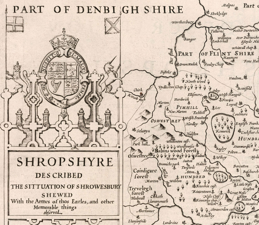 Old Map of Shropshire in 1611 by John Speed - Shrewsbury, Telford, Bridgnorth, Oswestry, Newport, Ludlow