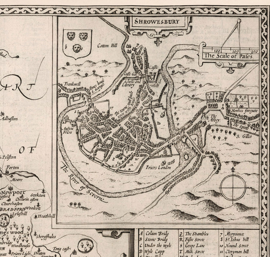 Old Map of Shropshire in 1611 by John Speed - Shrewsbury, Telford, Bridgnorth, Oswestry, Newport, Ludlow