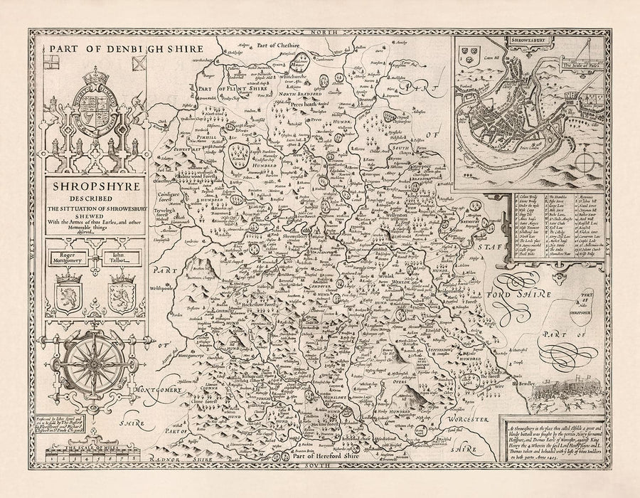 Old Map of Shropshire in 1611 by John Speed - Shrewsbury, Telford, Bridgnorth, Oswestry, Newport, Ludlow