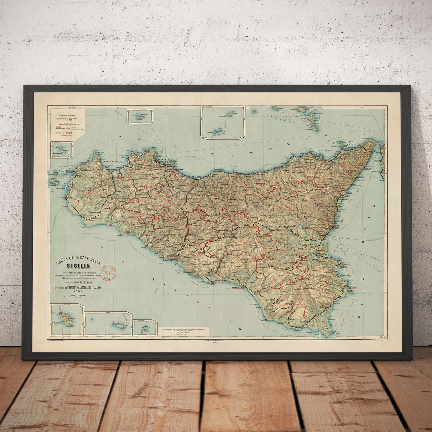 Alte Karte von Sizilien im Jahr 1891 von Wilhelm Fritzsche - Palermo, Catania, Messina, Marsala, Sciacca