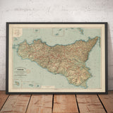 Antiguo mapa de Sicilia en 1891 por Wilhelm Fritzsche - Palermo, Catania, Messina, Marsala, Sciacca