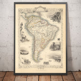 Alte Karte von Südamerika, 1851 von Tallis & Rapkin - Portugiesische Kolonialherrschaft, Goldwäsche, Amazonas, Brasilien, Kolumbien 