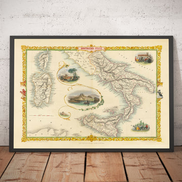 Antiguo mapa del sur de Italia en 1851 por Tallis & Rapkin - Sicilia, Cerdeña, Córcega, Nápoles, Palermo