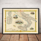 Old Map of Southern Italy in 1851 by Tallis & Rapkin - Sicily, Sardinia, Corsica, Naples, Palermo