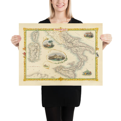 Antiguo mapa del sur de Italia en 1851 por Tallis & Rapkin - Sicilia, Cerdeña, Córcega, Nápoles, Palermo