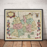 Ancienne carte de Surrey en 1665 par Joan Blaaeu - Woking, Guildford, Croydon, Richmond, Kingston, Regate
