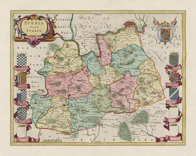 Viejo Mapa de Surrey en 1665 por Joan Blaeu - Woking, Guildford, Croydon, Richmond, Kingston, Reigate