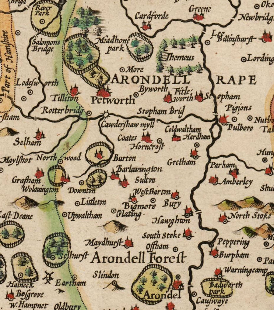 Ancienne carte du Sussex en 1611 par John Speed - Worthing, Crawley, Brighton, Bognor, Eastbourne