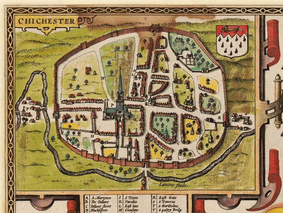 Ancienne carte du Sussex en 1611 par John Speed - Worthing, Crawley, Brighton, Bognor, Eastbourne