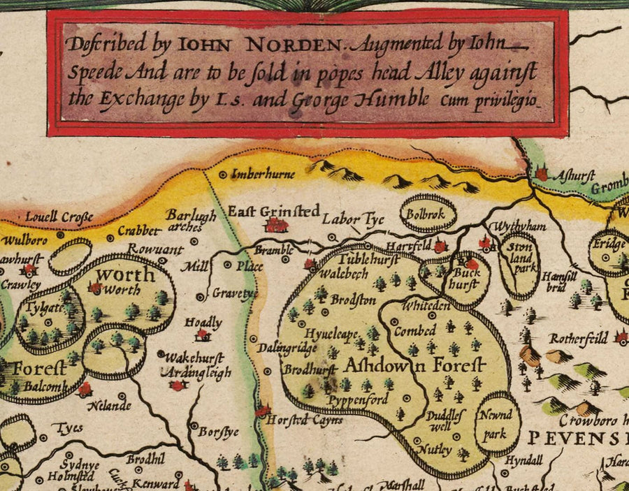 Ancienne carte du Sussex en 1611 par John Speed - Worthing, Crawley, Brighton, Bognor, Eastbourne