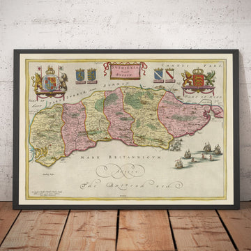 Alte Karte von Sussex im Jahr 1665 von Joan Blaeu - Ost-, West-, Mittel-Sussex, Worthing, Crawley, Brighton, Bognor, Eastbourne 