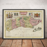 Viejo mapa de Sussex en 1665 por Joan Blaeu - Este, Oeste, Mid Sussex, Worthing, Crawley, Brighton, Bognor, Eastbourne