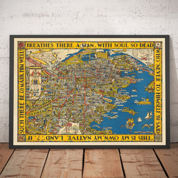 Vecchia mappa pittorica di Sydney, 1932 di Russell Lloyd - Ponte del porto, baie, stazione centrale, giardini botanici e sirene! 