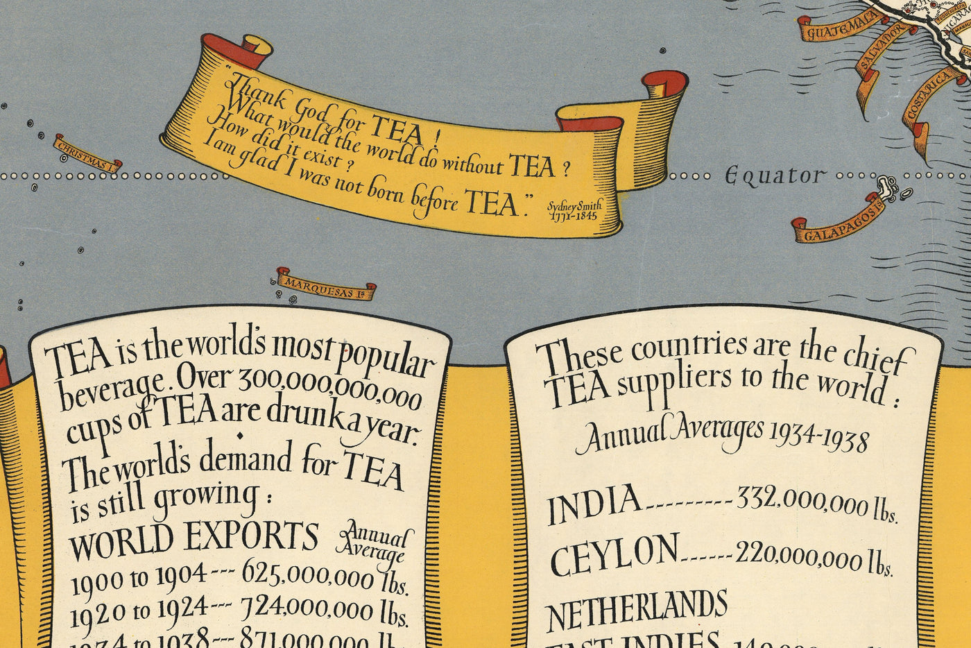 Le thé ravive le monde, 1940 par Max Gill - Carte mondiale rare pour les buveurs de thé!