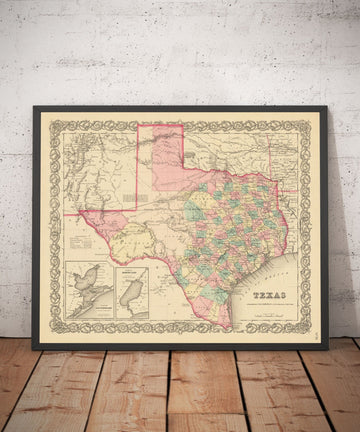 Alte Karte von Texas 1856 von Colton - Houston, San Antonio, Dallas, Austin, Fort Worth, El Paso 