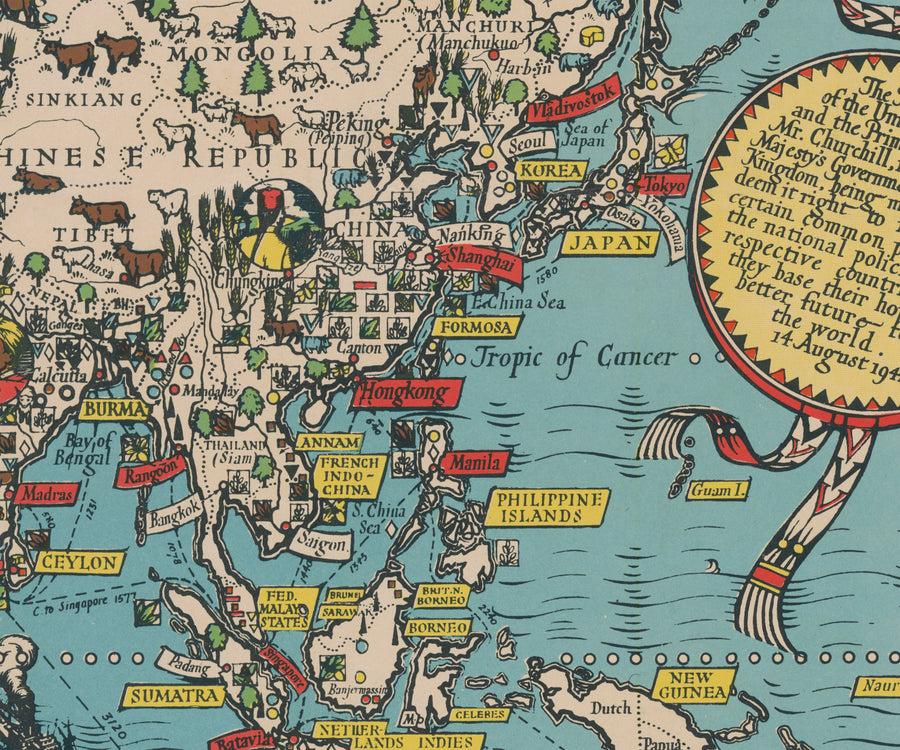 Die Atlantik-Charta von Max Gill, 1942 - Zweiter Weltkrieg Vereinte Nationen Wandkarte 