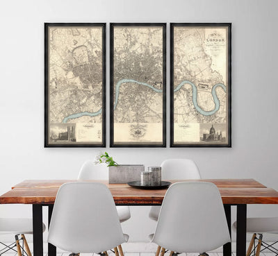 Old London Map - Antique Triptych Framed Wall Art - Greenwood 1830 or Poverty Map 1898