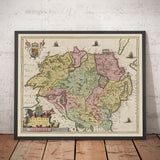 Viejo Mapa de Ulster, Irlanda del Norte en 1665 por Joan Blaeu - Belfast, Derry, Condado Antriment & Down, Eire