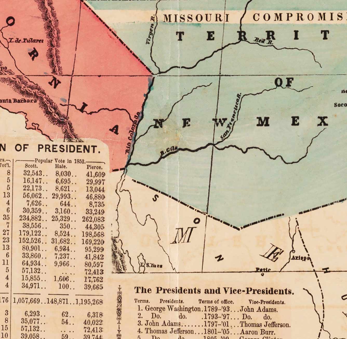 Mapa político antiguo de los Estados Unidos, 1856 - Guerra civil estadounidense Free vs. States Slate, North vs. South - Missouri Compromise
