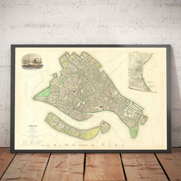 Mapa antiguo de Venecia, 1838 por W.B. Clarke & SDUK - Venecia, Laguna, Basílica de San Marcos, Gran Canal, Puente de Rialto