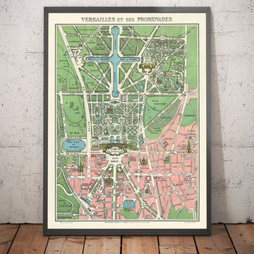 Plan ancien du Château de Versailles et des Jardins, 1920 par Leconte - Paris, Grand Canal, Roi Louis XIV, XV, XVI