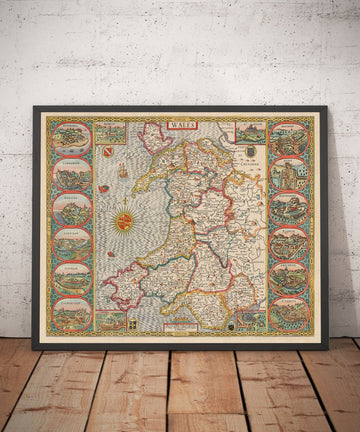 Ancienne carte en couleur du Pays de Galles, Cymru par John Speed, 1610