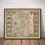 Antiguo mapa en color de Gales, Cymru por John Speed, 1610
