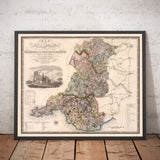 Alte Karte von Südwales, 1829 von Greenwood & Co. - Glamorgan, Cardiff, Brecon, Swansea 