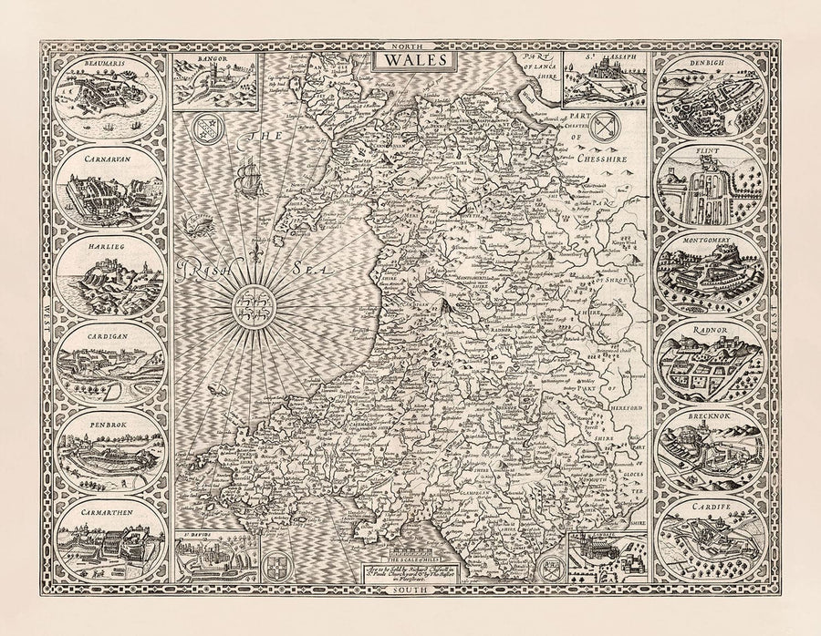 Vecchia mappa monocromatica del Galles, Cymru, 1611 di John Speed - Città, paesi, contee, Cardiff, Pembrokeshire, Anglesey 