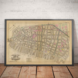 Antiguo mapa del distrito financiero y del centro cívico, 1879 - barrios de Manhattan, Wall St, Fulton St, East River, Ayuntamiento, Palacio de Justicia, Tesorería
