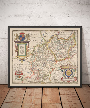 Ancienne carte de Warwick - Leicester 1579, par Christopher Saxton - Birmingham, Coventry, Solihull, Nuneaton