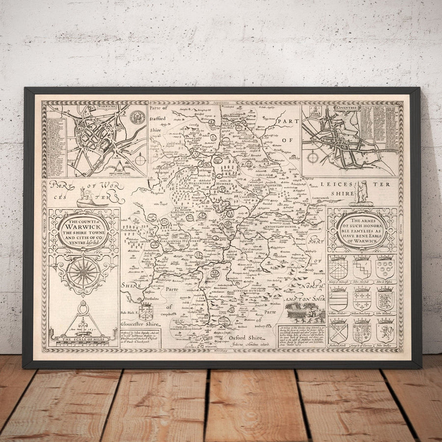 Old Map of Warwickshire in 1611 by John Speed - Birmingham, Coventry, Solihull, Warwick