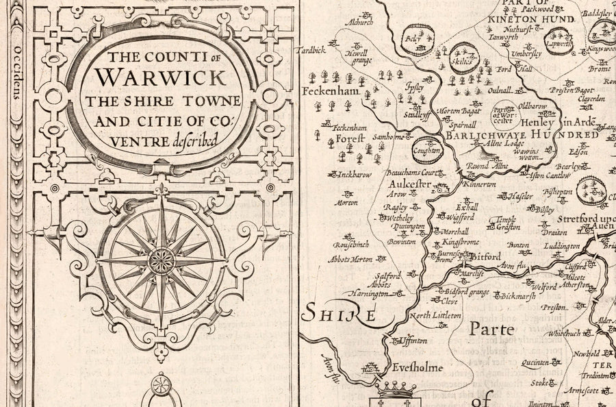 Old Map of Warwickshire in 1611 by John Speed - Birmingham, Coventry, Solihull, Warwick
