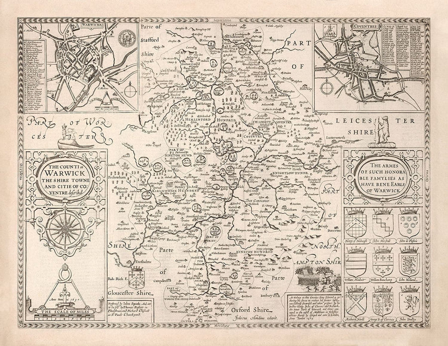 Old Map of Warwickshire in 1611 by John Speed - Birmingham, Coventry, Solihull, Warwick