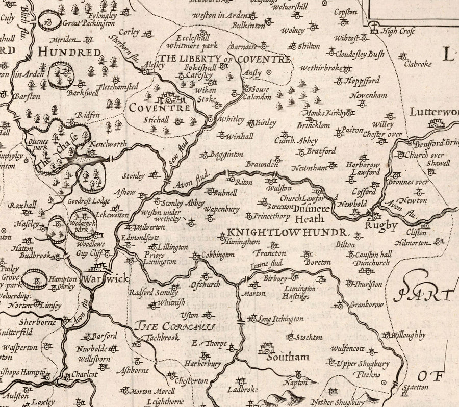 Old Map of Warwickshire in 1611 by John Speed - Birmingham, Coventry, Solihull, Warwick