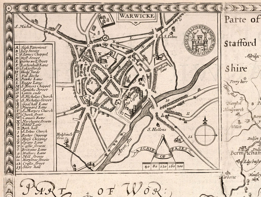 Old Map of Warwickshire in 1611 by John Speed - Birmingham, Coventry, Solihull, Warwick